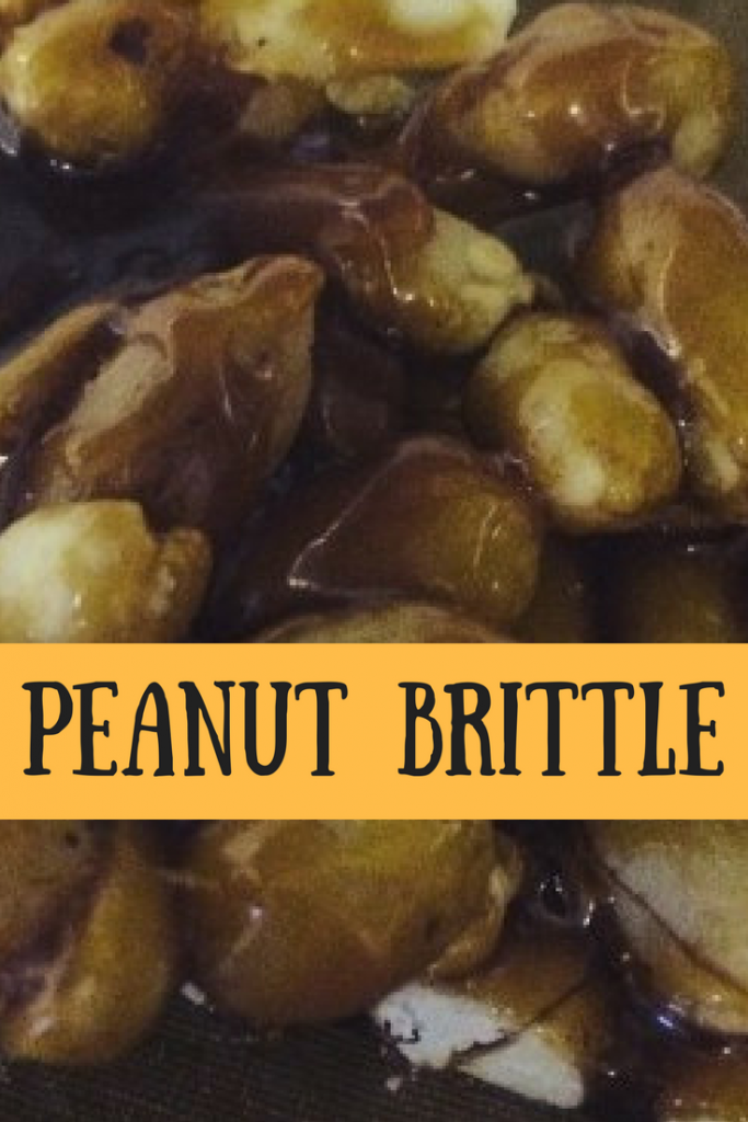 Finished peanut brittle and a text overlay that says peanut brittle
