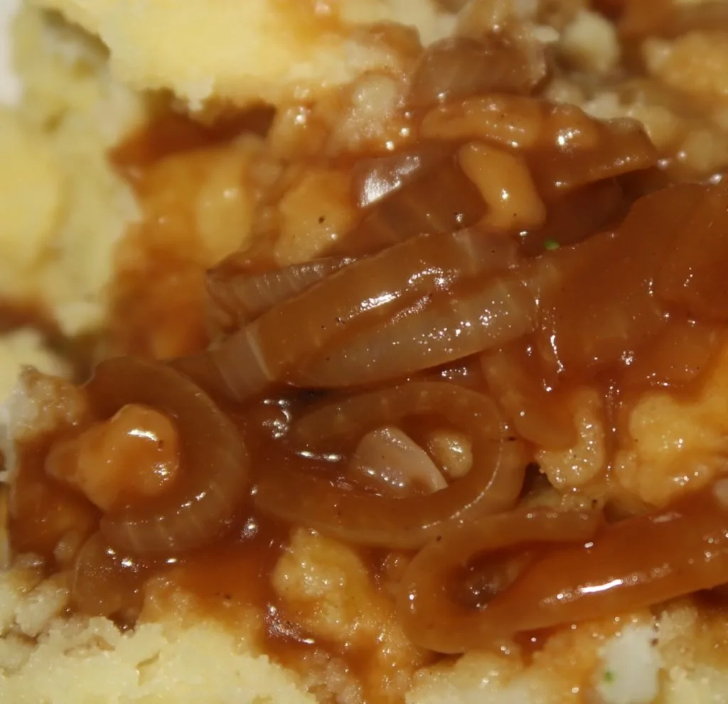 Homemade onion gravy recipe on mashed potato