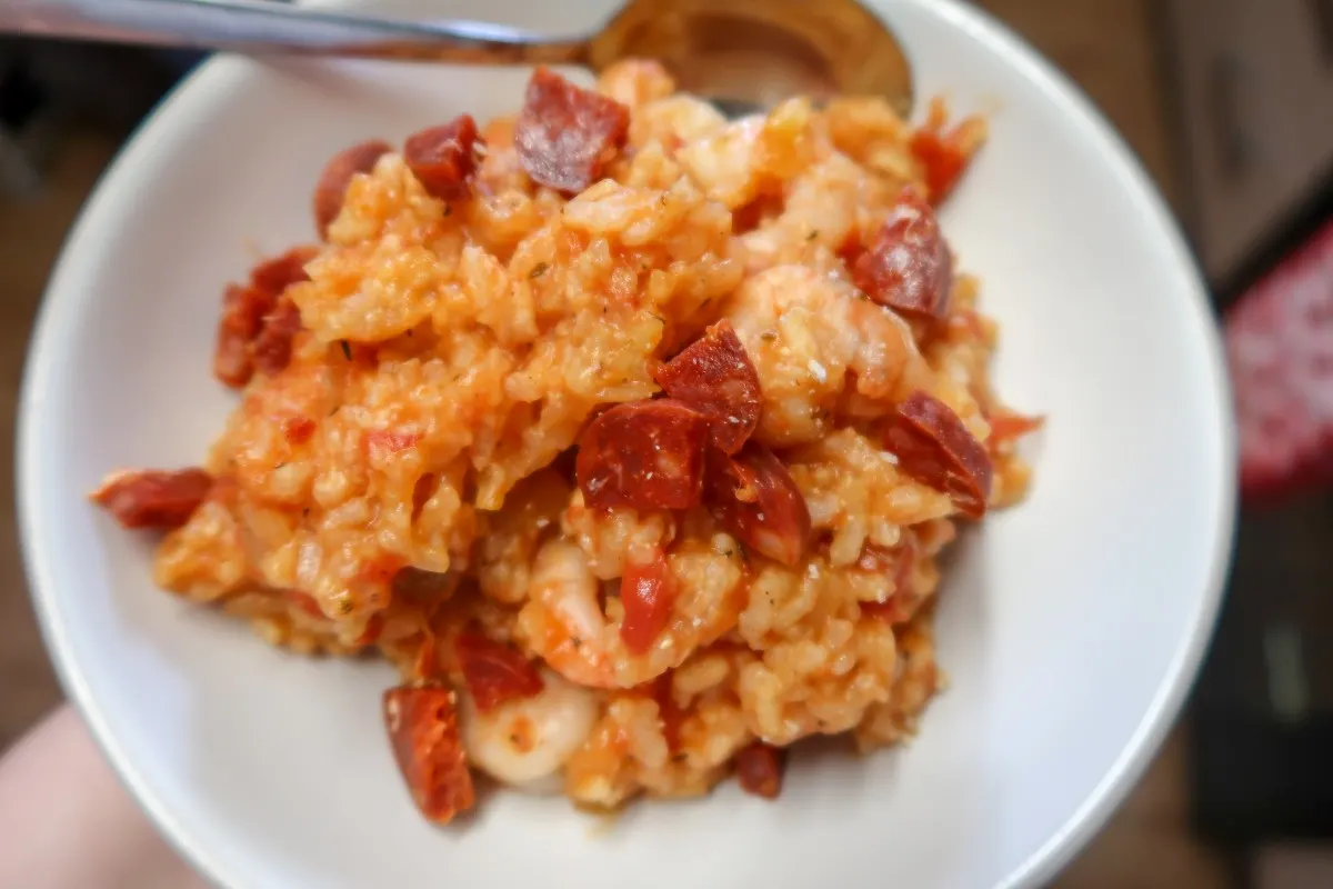 The Slow cooker chicken and prawn paella with chorizo added