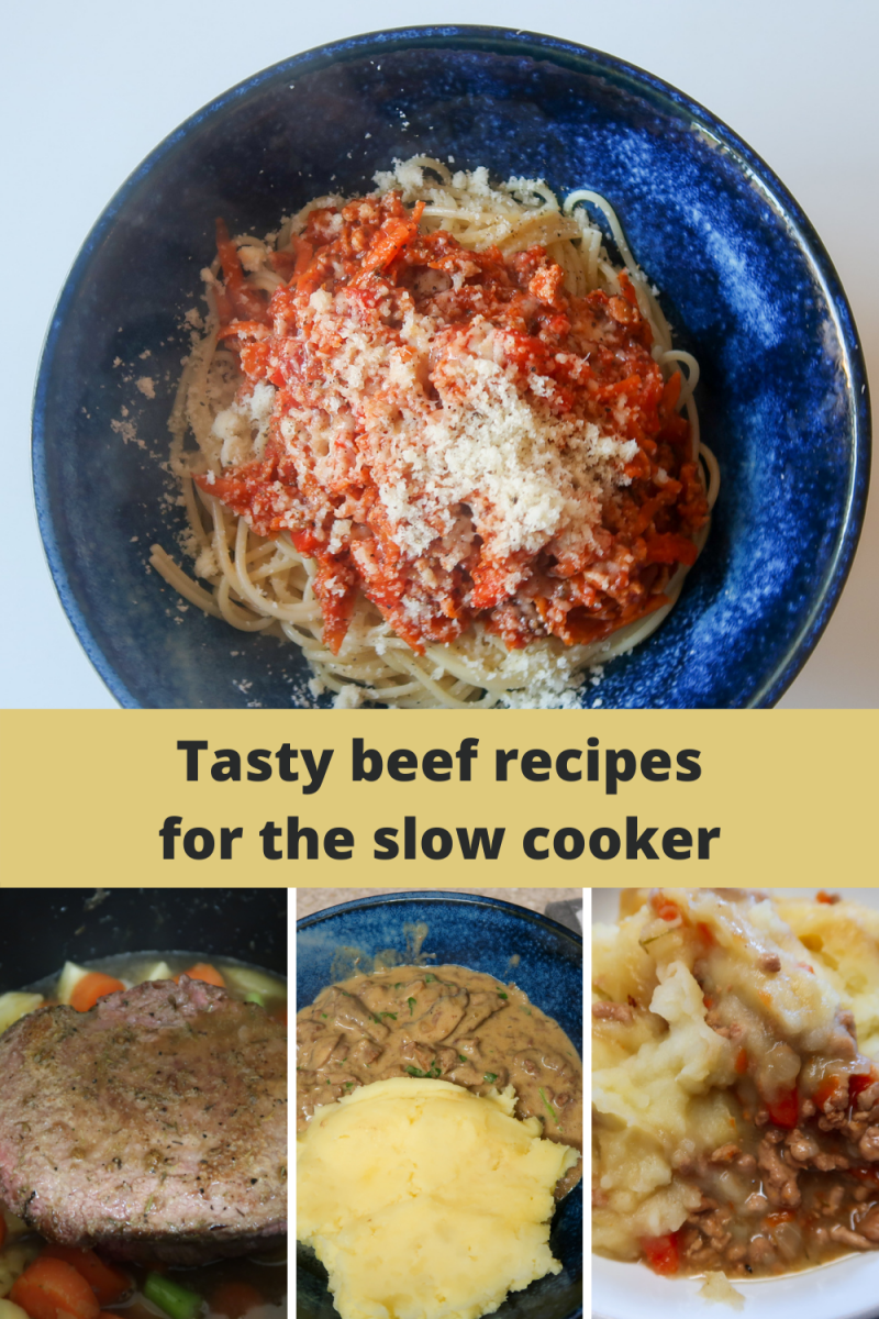 Slow cooker spaghetti bolognese, slow cooker roast beef, slow cooker beef stroganoff and slow cooker cottage pie with text overlay that says tasty beef recipes for the slow cooker